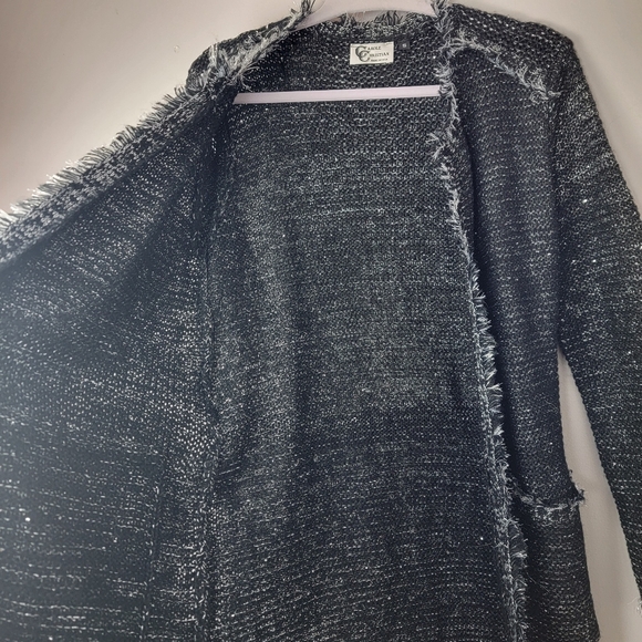 Carol Christian Women S Silver Knit Shiny Open Front Belted Sweater Coat Jacket - Picture 5 of 12